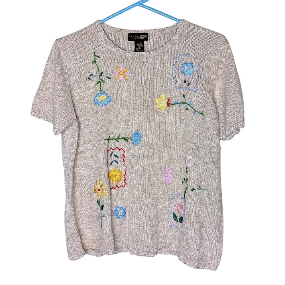 Vintage 90s Salon Studio Embroidered Floral Short Sleeve Knit Top Prairie Farm L